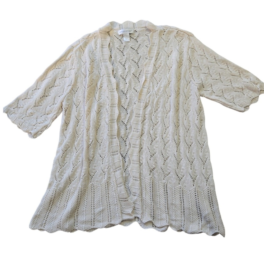 Christopher & Banks Cream Knit‎ Open Front Cardigan Scalloped Size L Lightweight